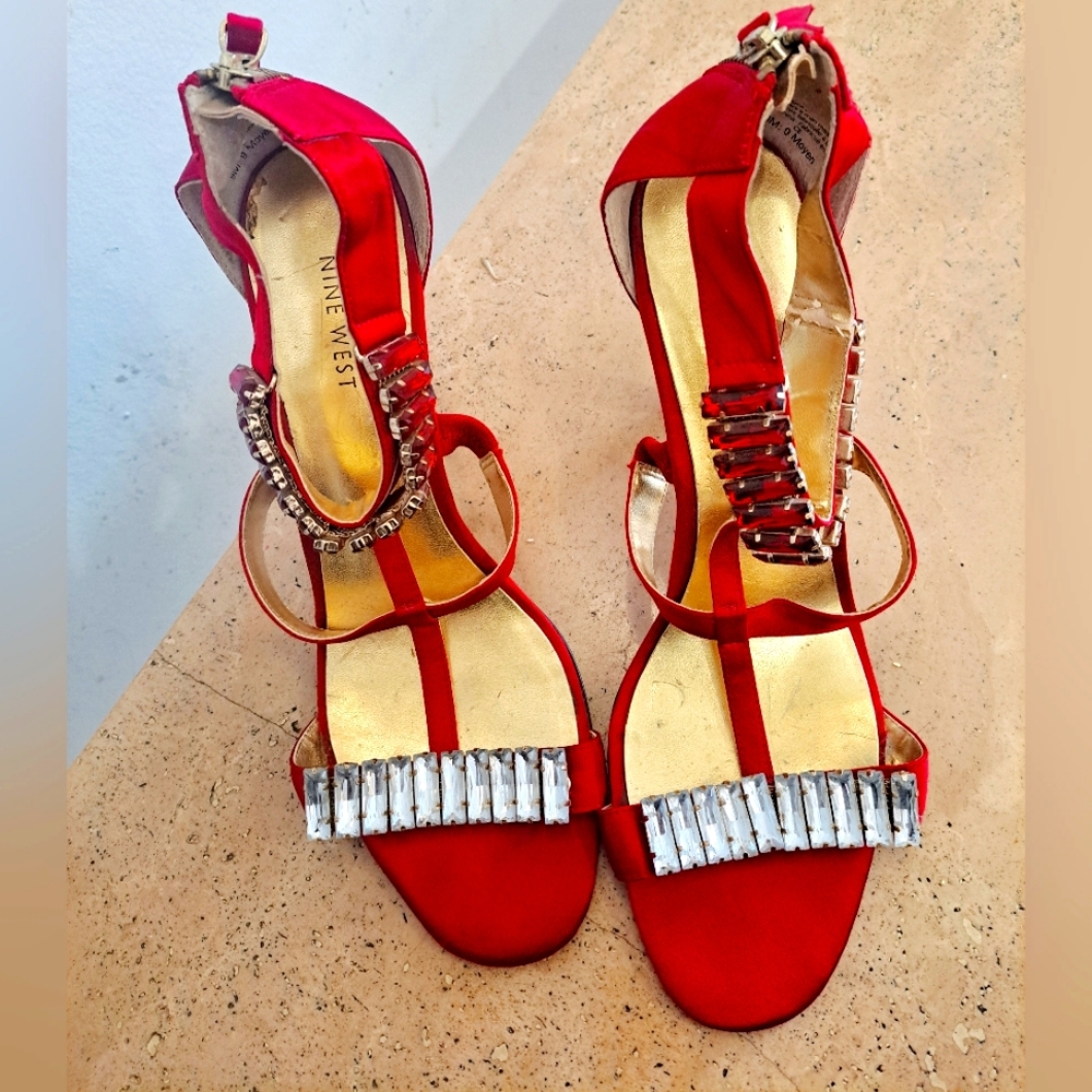 Nine West Red Satin Ladies heels and Bling - size 9